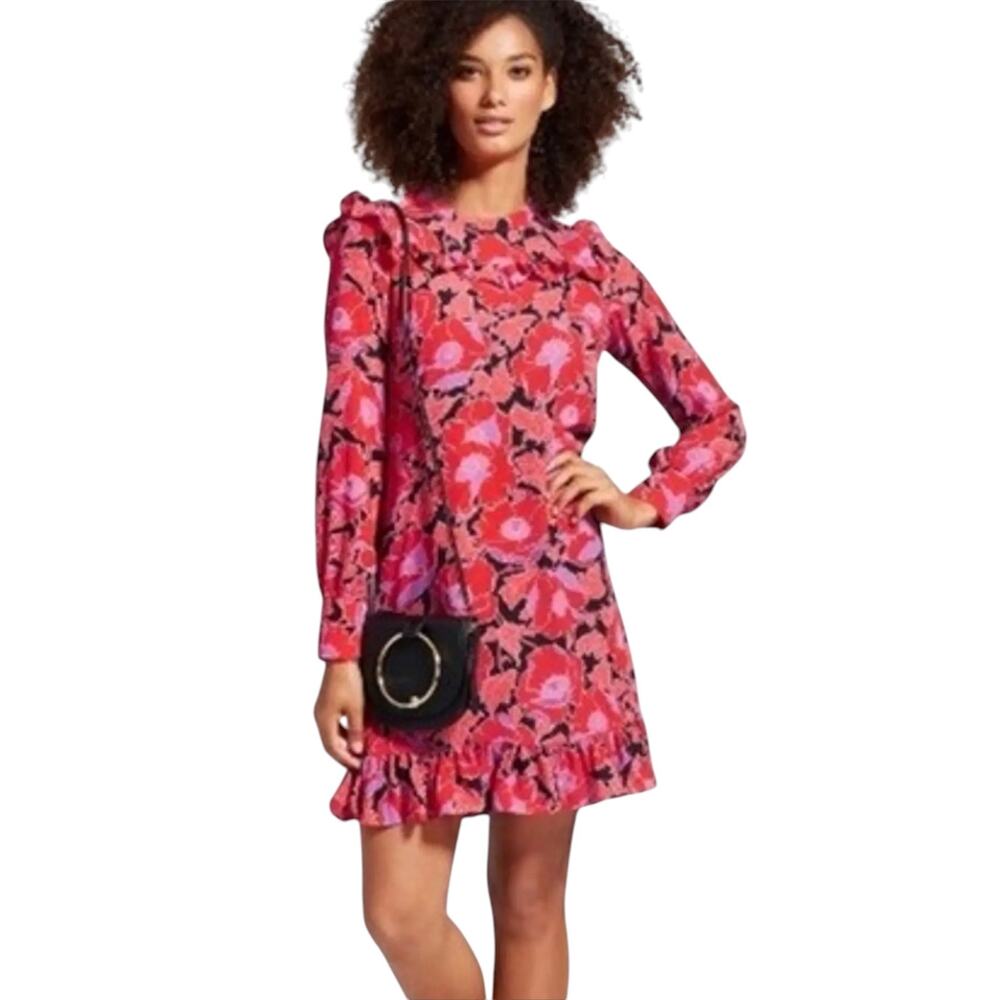 Who What Wear Red, Pink and Black Poppy Floral Print Ruffle Dress Size Small